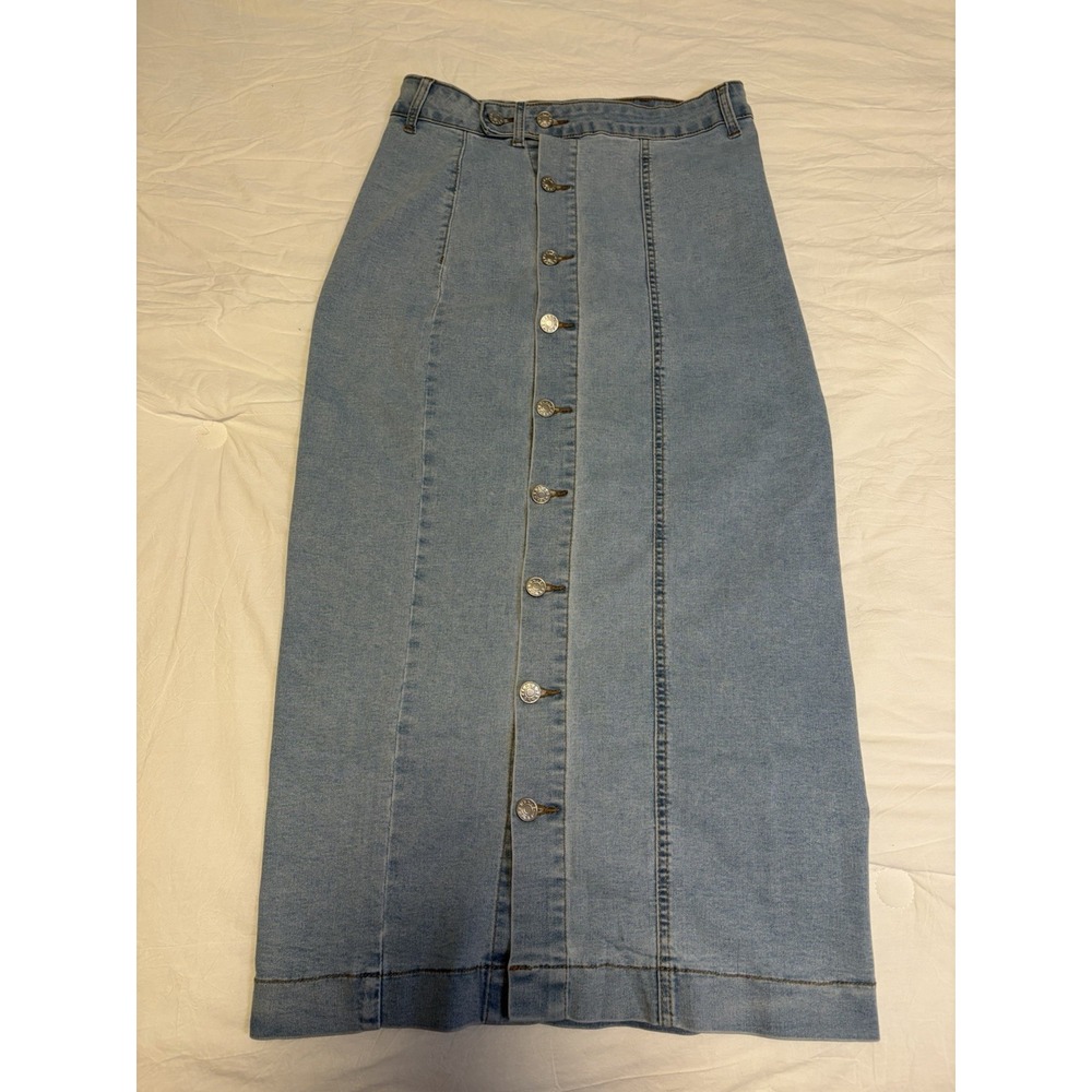 Vintage 90s Y2K Light Blue Wash Denim Button Front Maxi Skirt~L~Pencil Stretch - Picture 2 of 10